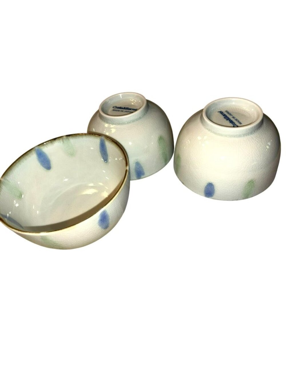 Crate & Barrel Ceramic Rice Bowls Crackle Finish Blue & Green Accents Set JH1881